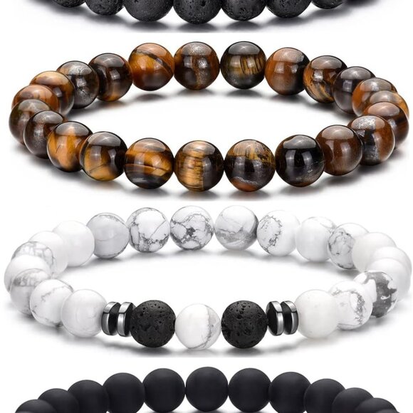 Other - Tiger Eye Bracelet For Men 8MM Natural Stone Stretch Adjustable Black Crystal Be